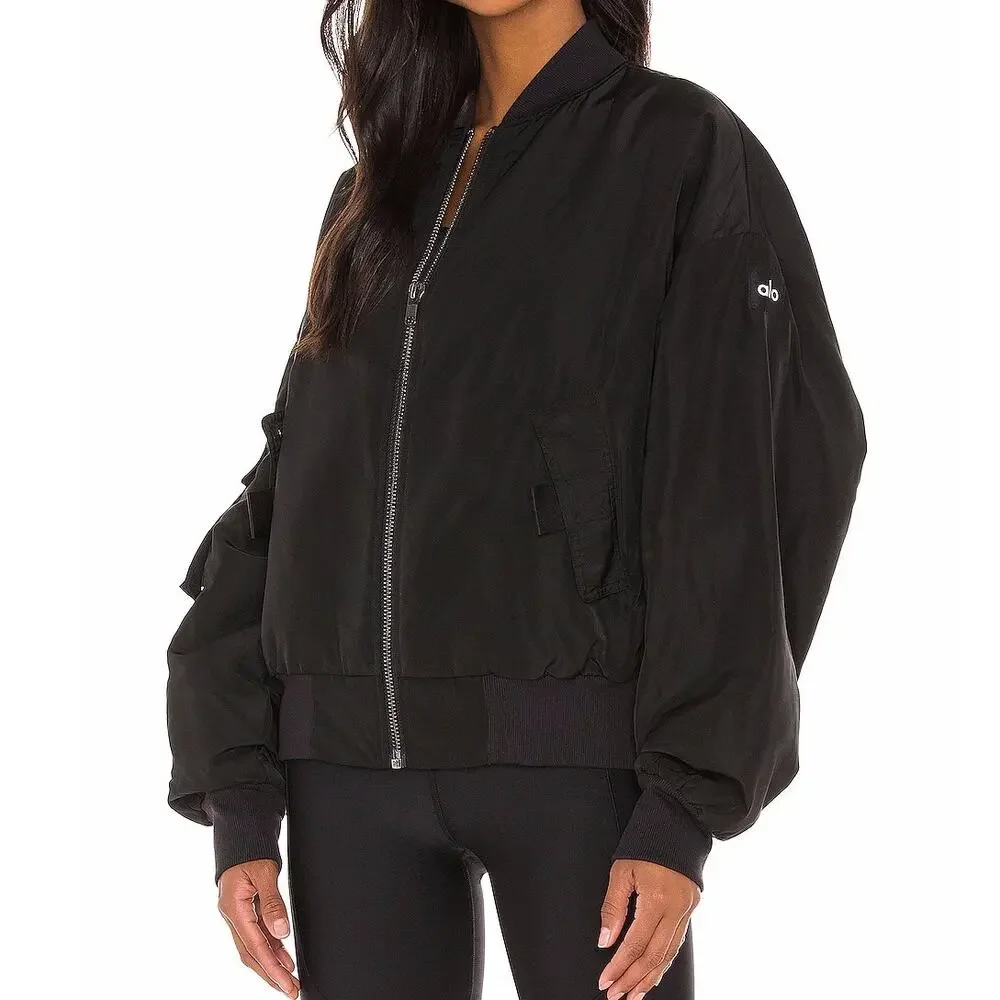 Alo Yoga It Girl Bomber Jacket Black Size Medium EUC Oversize Blade Collar - Picture 15 of 16